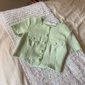 Astr Crop Boxy Button Front Top in Light Green